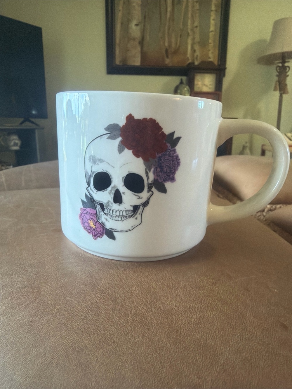 White Ceramic Skull Mug with Pink & Purple Floral Accents
